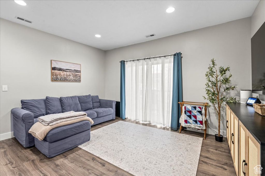 Living room featuring dark wood-type flooring