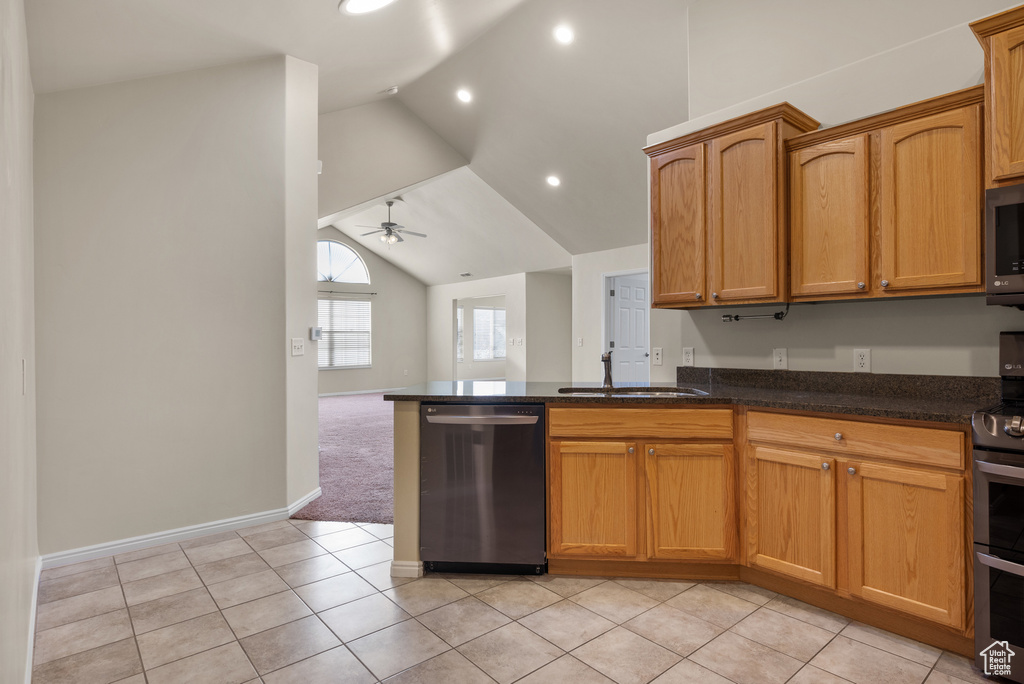 Kitchen with sink, vaulted ceiling, dark stone counters, ceiling fan, and stainless steel appliances