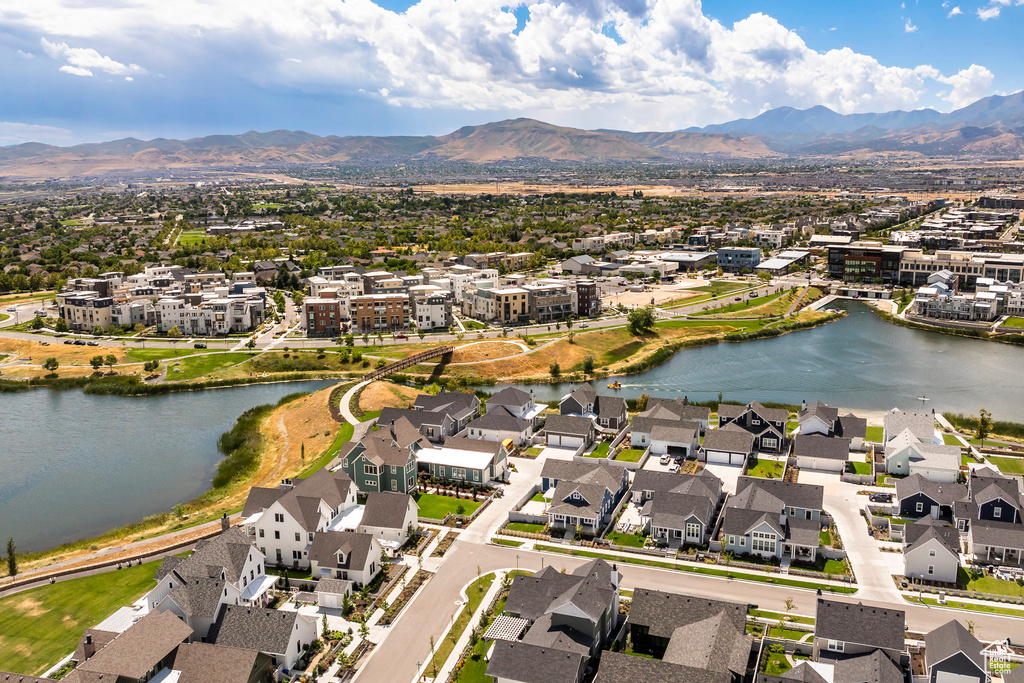 Aerial view with a water and mountain view