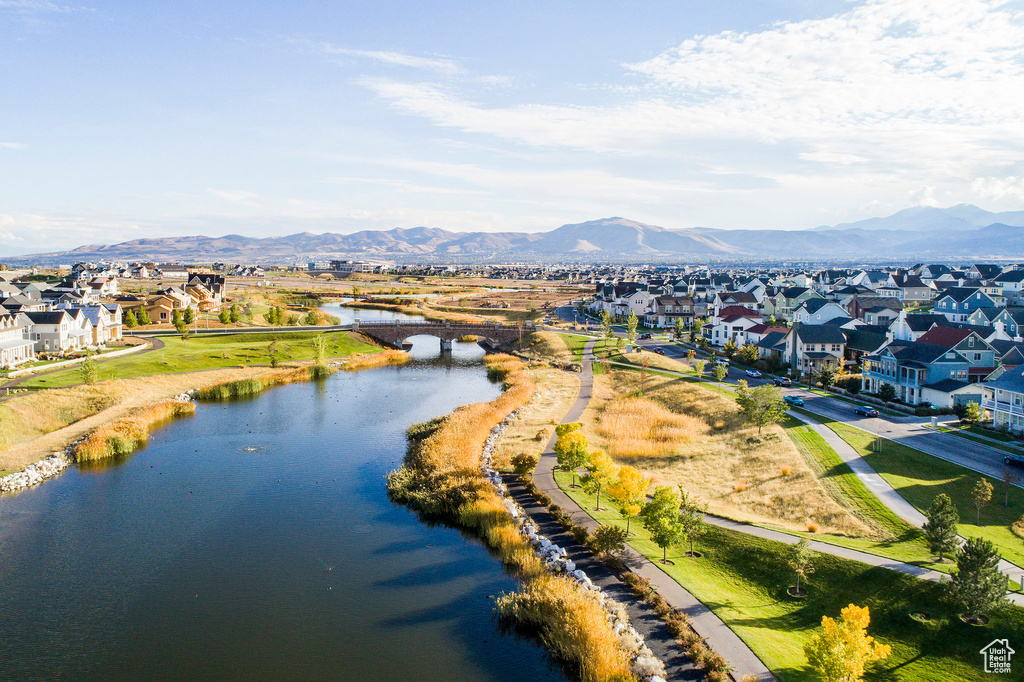 Bird's eye view with a water and mountain view