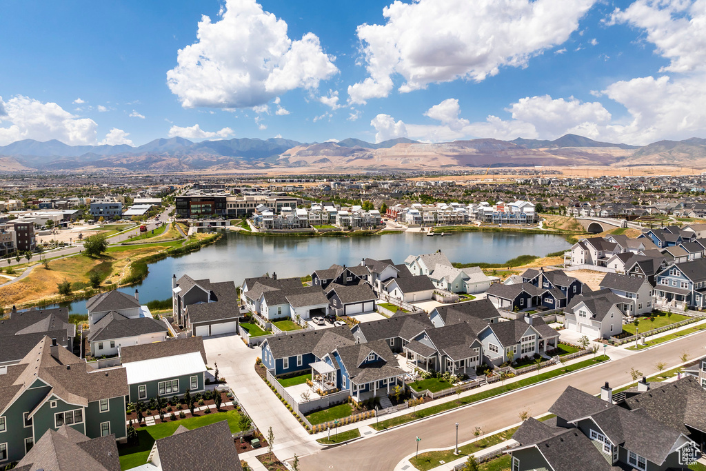 Aerial view with a water and mountain view
