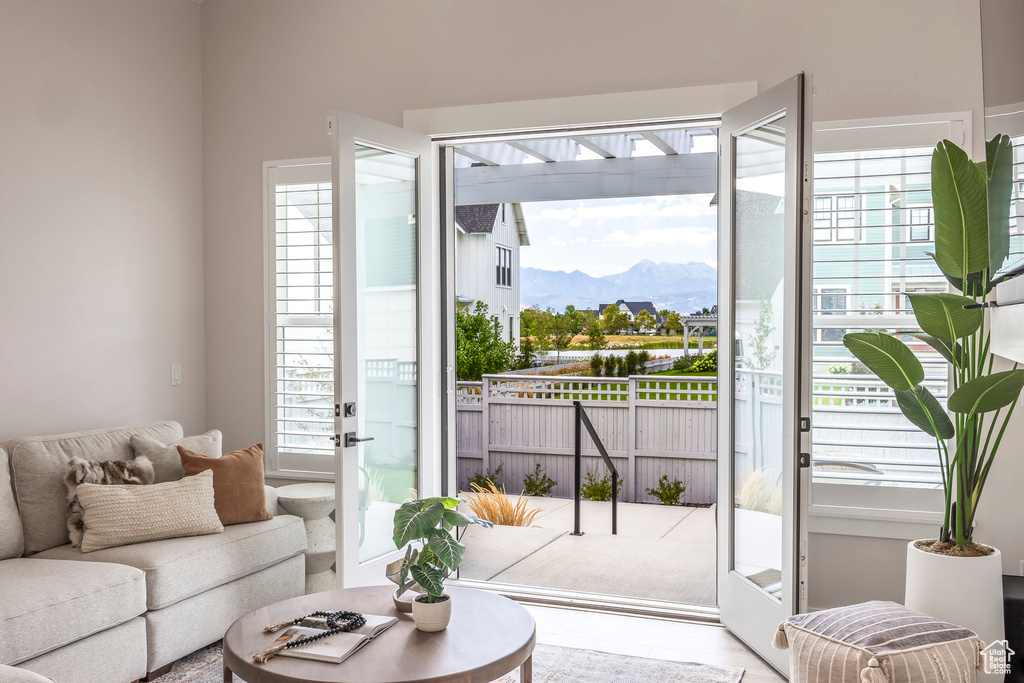 Entryway with hardwood / wood-style flooring, a mountain view, and a wealth of natural light