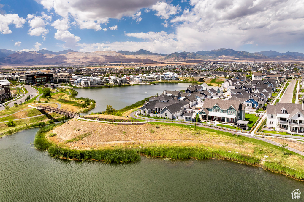 Bird's eye view with a water and mountain view
