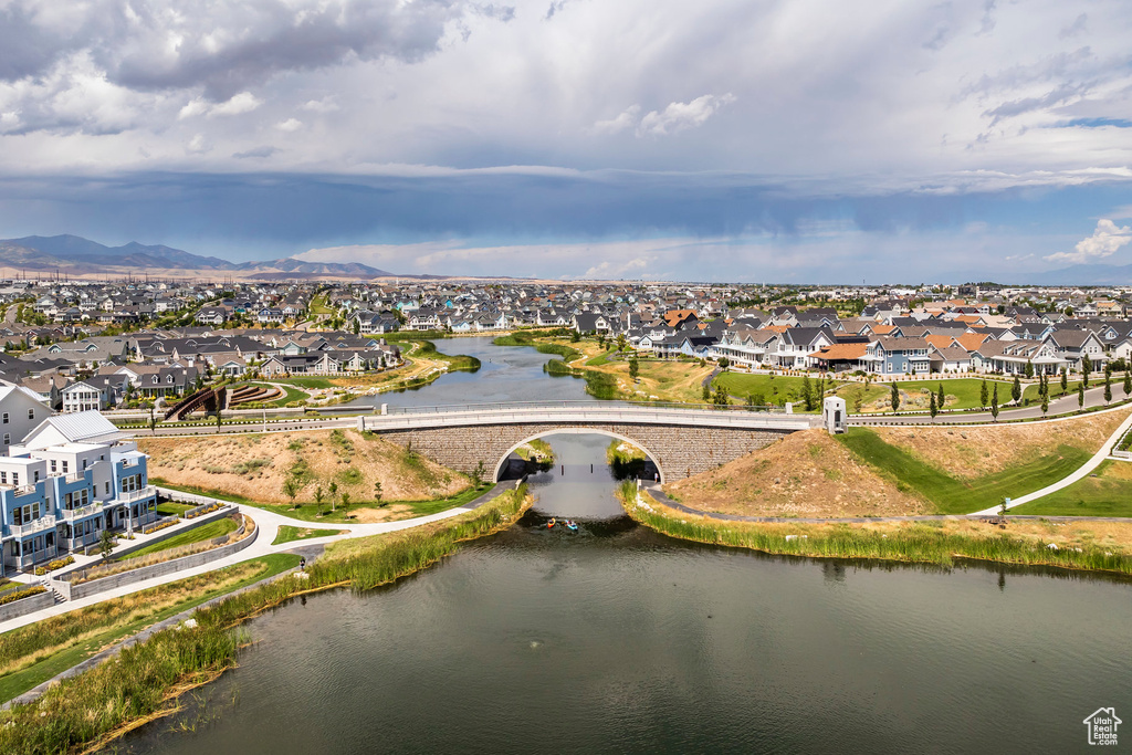 Aerial view with a water and mountain view