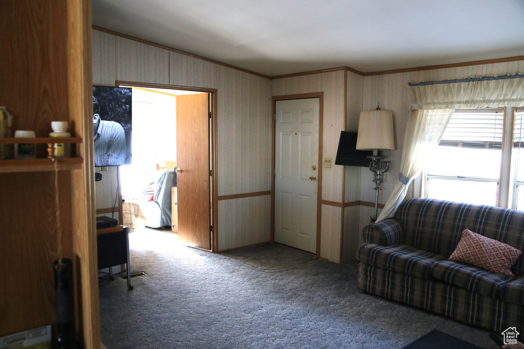 Carpeted living room with ornamental molding