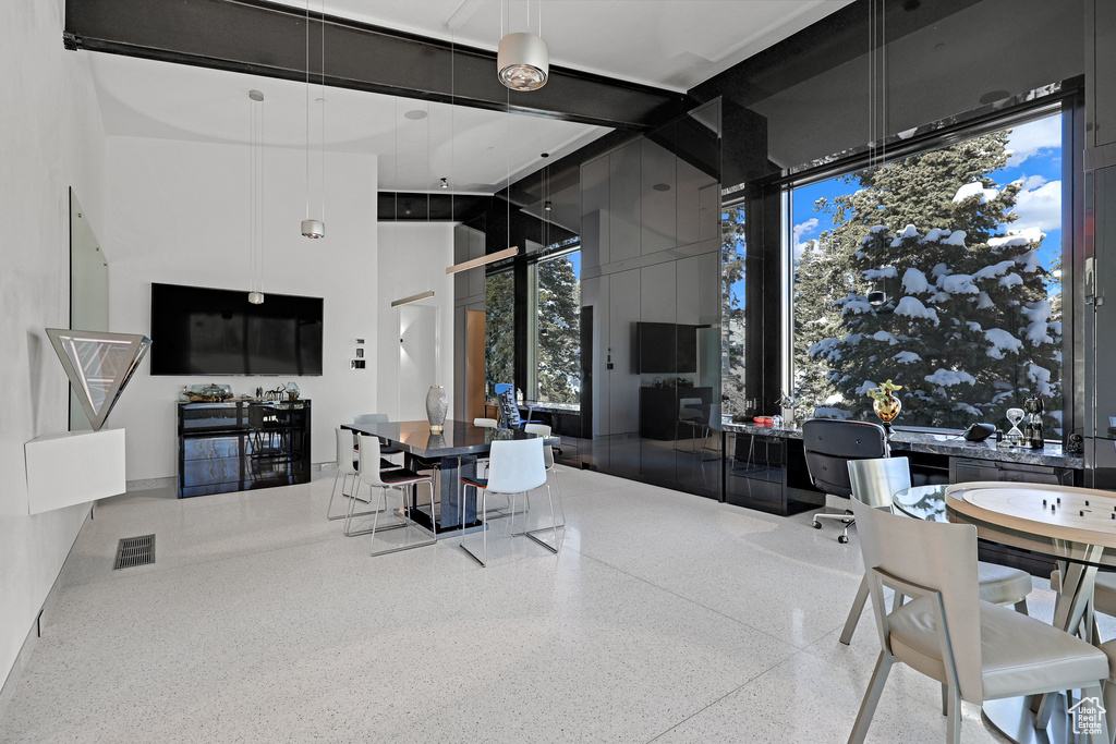 Living room featuring a towering ceiling