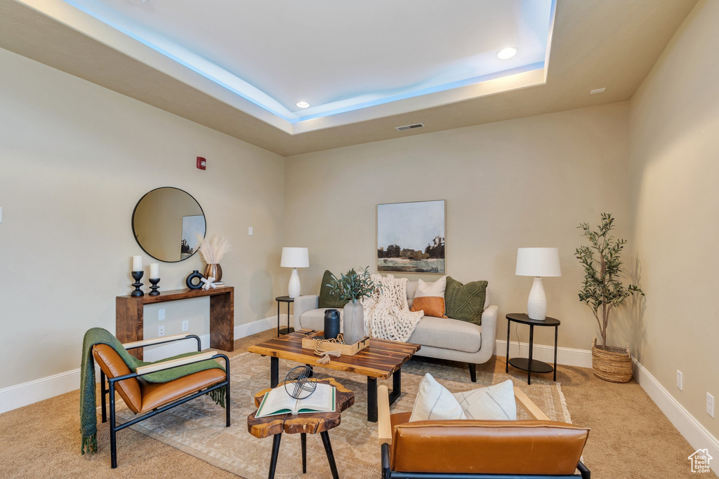 Sitting room with light colored carpet and a raised ceiling