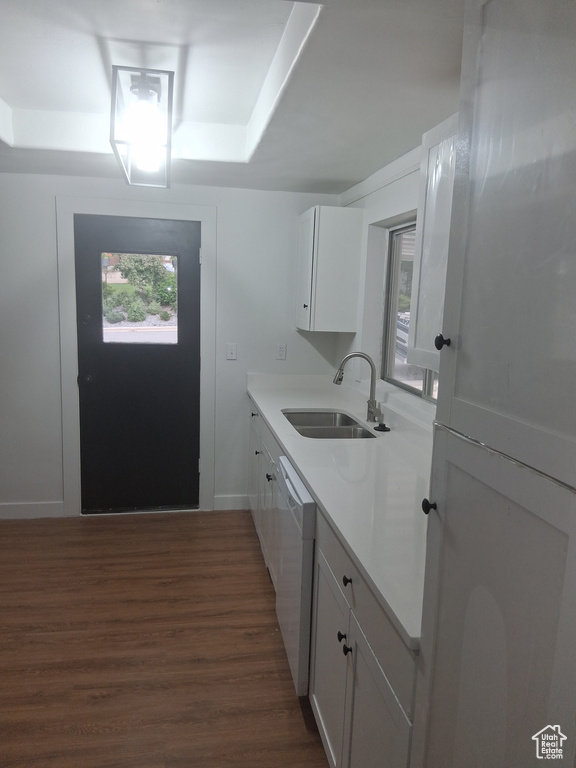 Kitchen with a sink, white dishwasher, white cabinets, dark wood finished floors, and a raised ceiling