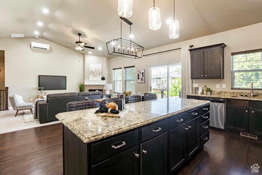 Kitchen with stainless steel dishwasher, a sink, lofted ceiling, dark wood finished floors, and ceiling fan