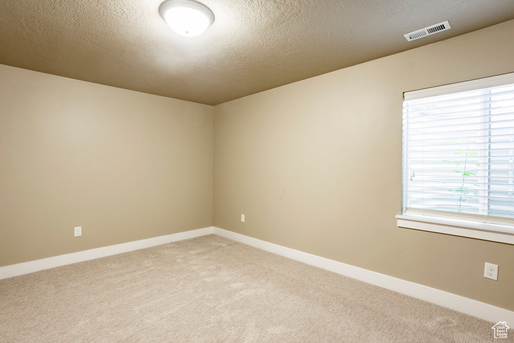 Unfurnished room featuring light colored carpet, a textured ceiling, and baseboards