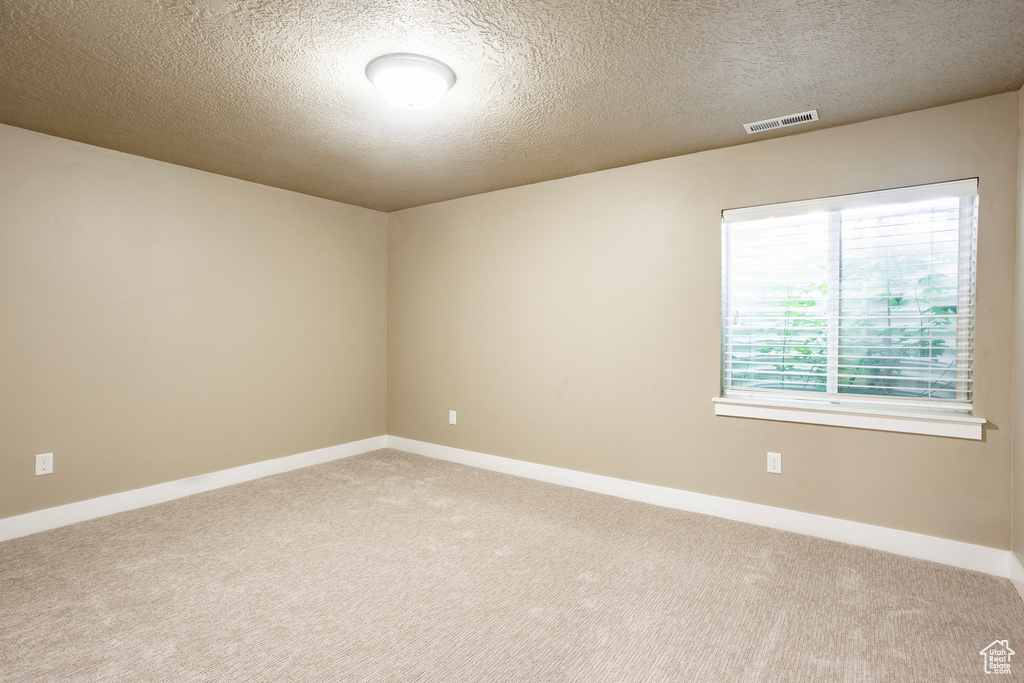 Carpeted empty room featuring a textured ceiling and baseboards