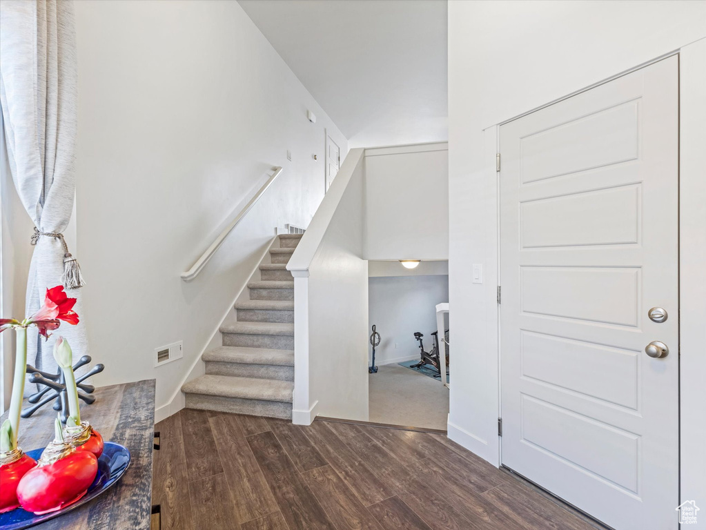 Foyer with dark hardwood / wood-style floors and a high ceiling