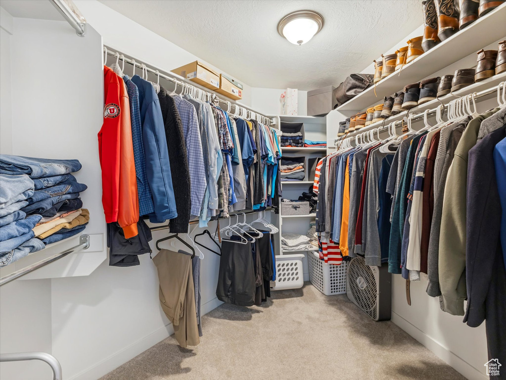 Spacious closet featuring light colored carpet