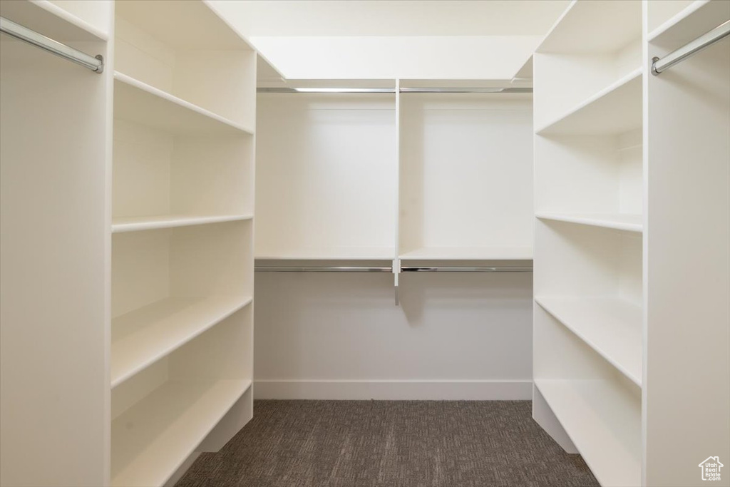 Walk in closet featuring dark carpet