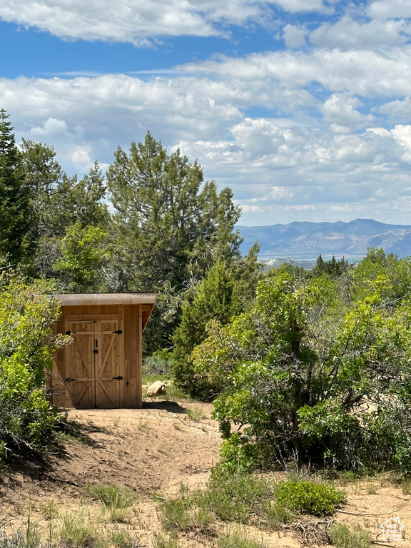 View of outdoor structure featuring a mountain view