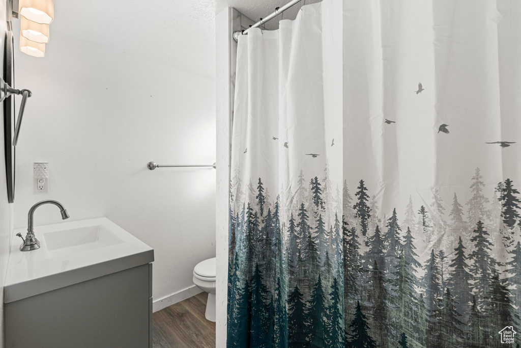 Bathroom with vanity, toilet, hardwood / wood-style floors, and a textured ceiling