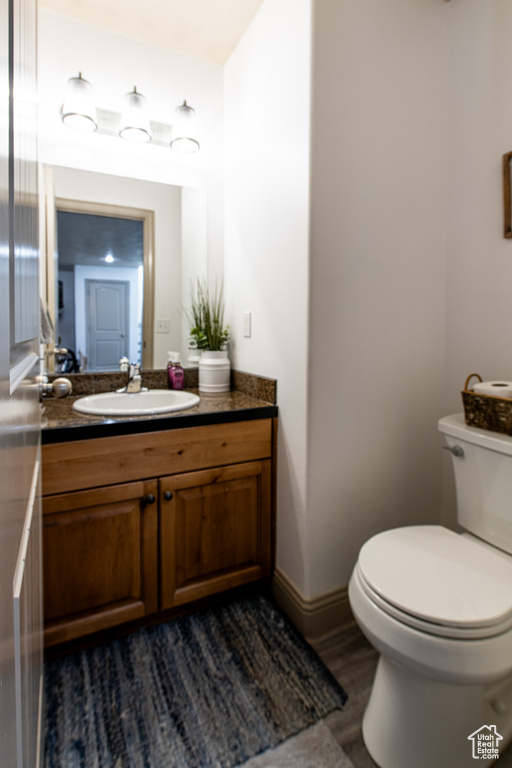 Bathroom featuring vanity, toilet, and wood-type flooring