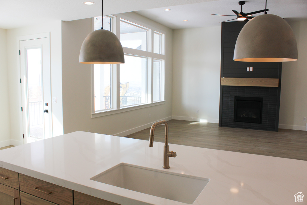 Kitchen featuring sink, wood-type flooring, a fireplace, and ceiling fan