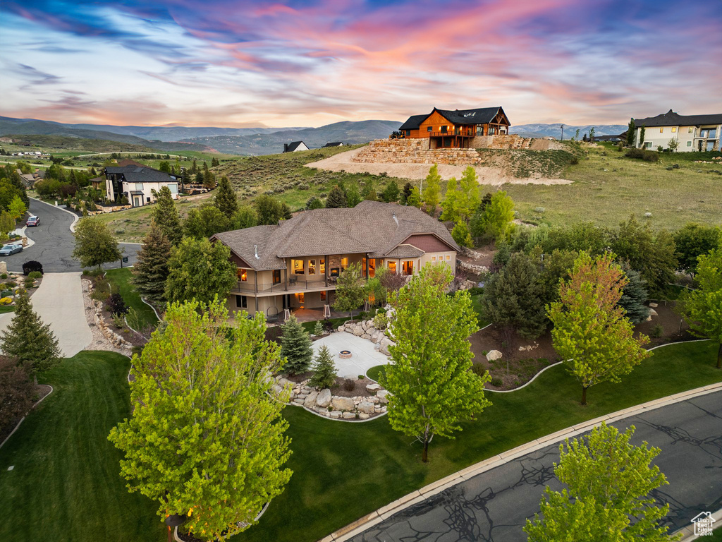 Aerial view at dusk of a mountain view