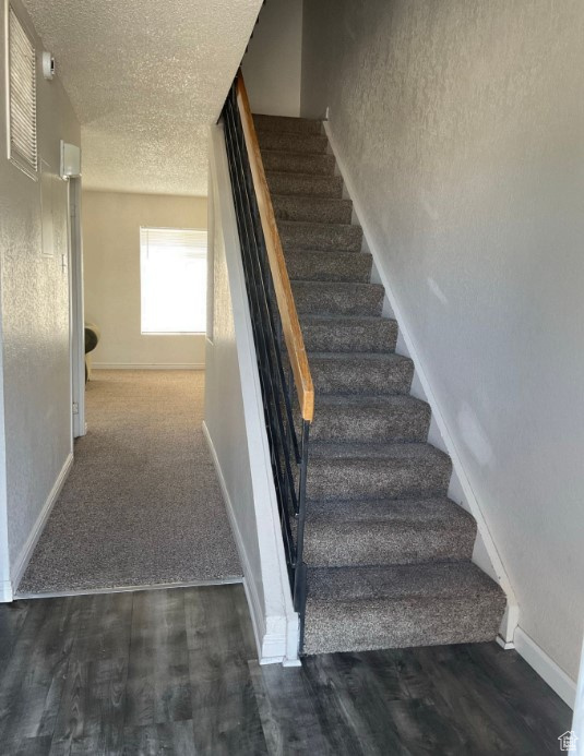 Staircase with a textured ceiling and carpet