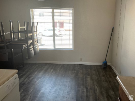 Unfurnished dining area featuring dark hardwood / wood-style floors