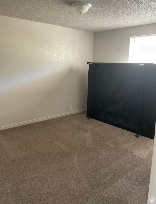 Carpeted empty room with a textured ceiling