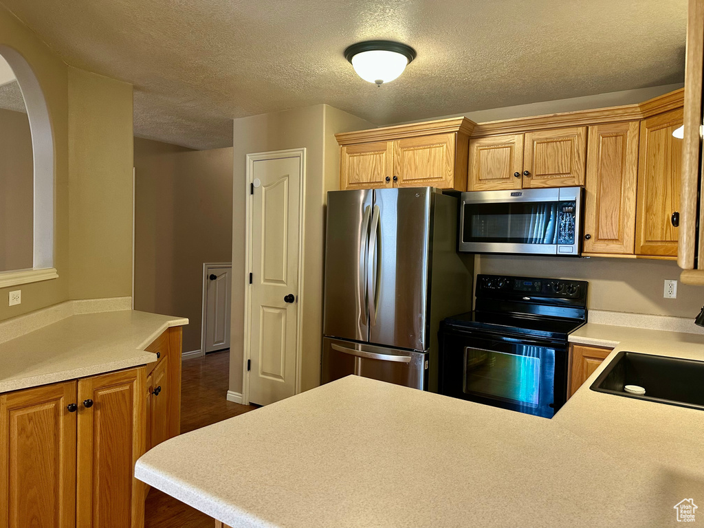 Kitchen featuring sink, a textured ceiling, and appliances with stainless steel finishes