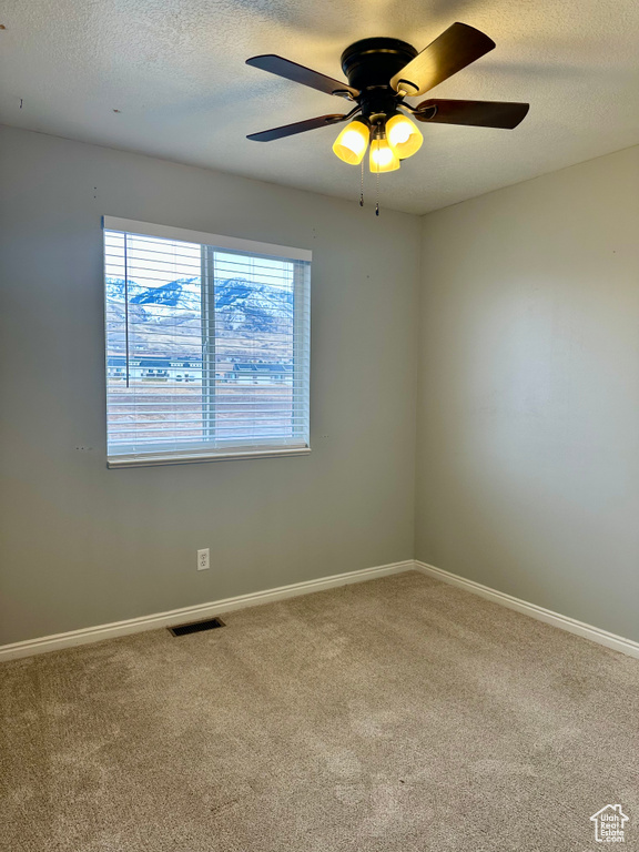 Spare room featuring ceiling fan, carpet floors, and a textured ceiling