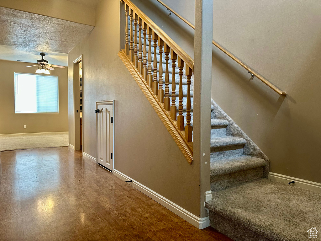 Staircase featuring hardwood / wood-style flooring, a textured ceiling, and ceiling fan