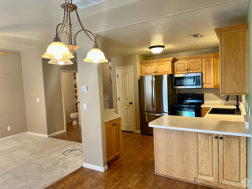 Kitchen with dark wood-type flooring, sink, decorative light fixtures, a textured ceiling, and appliances with stainless steel finishes