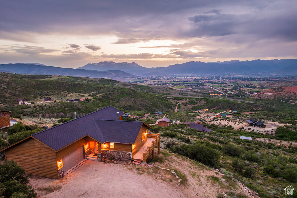 Aerial view at dusk of a mountain view