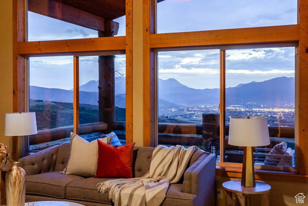 Living area featuring a mountain view