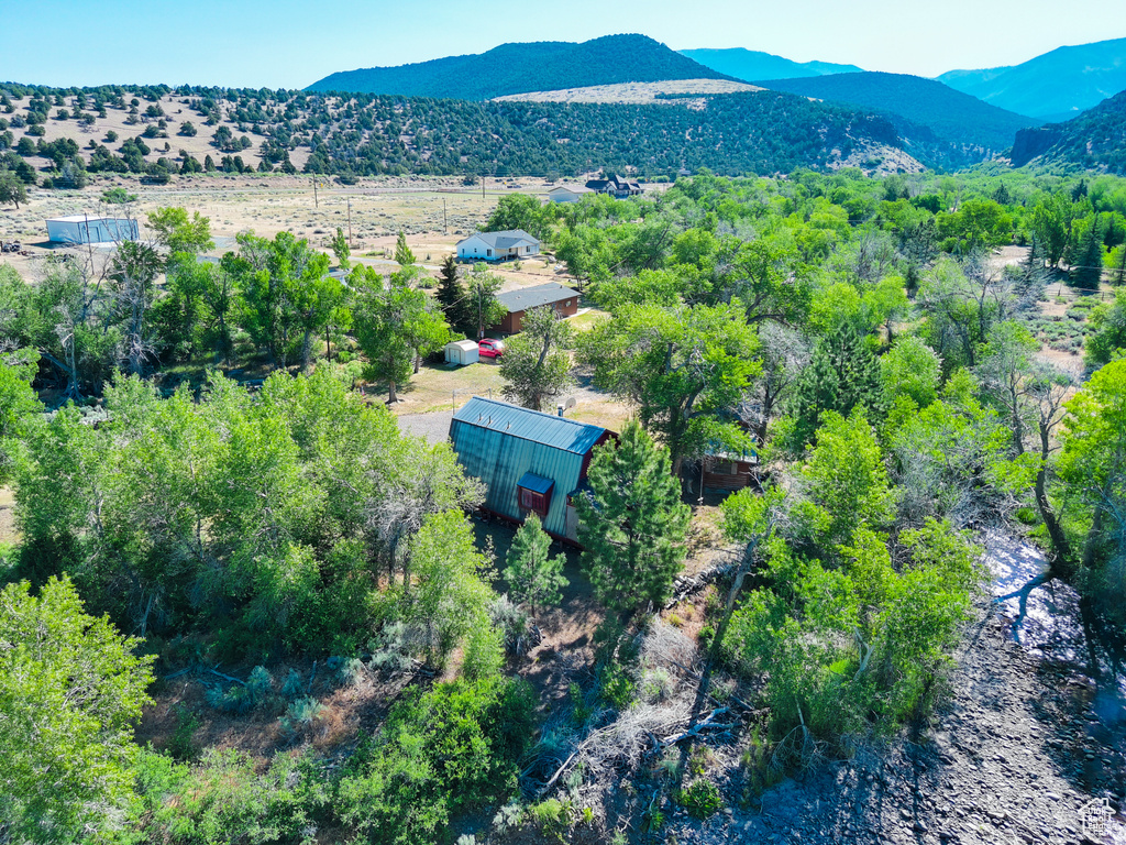 Birds eye view of property with a mountain view