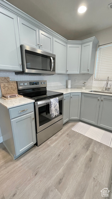 Kitchen with stainless steel appliances, sink, backsplash, and light wood-type flooring