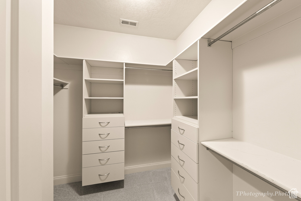 Spacious closet with light colored carpet