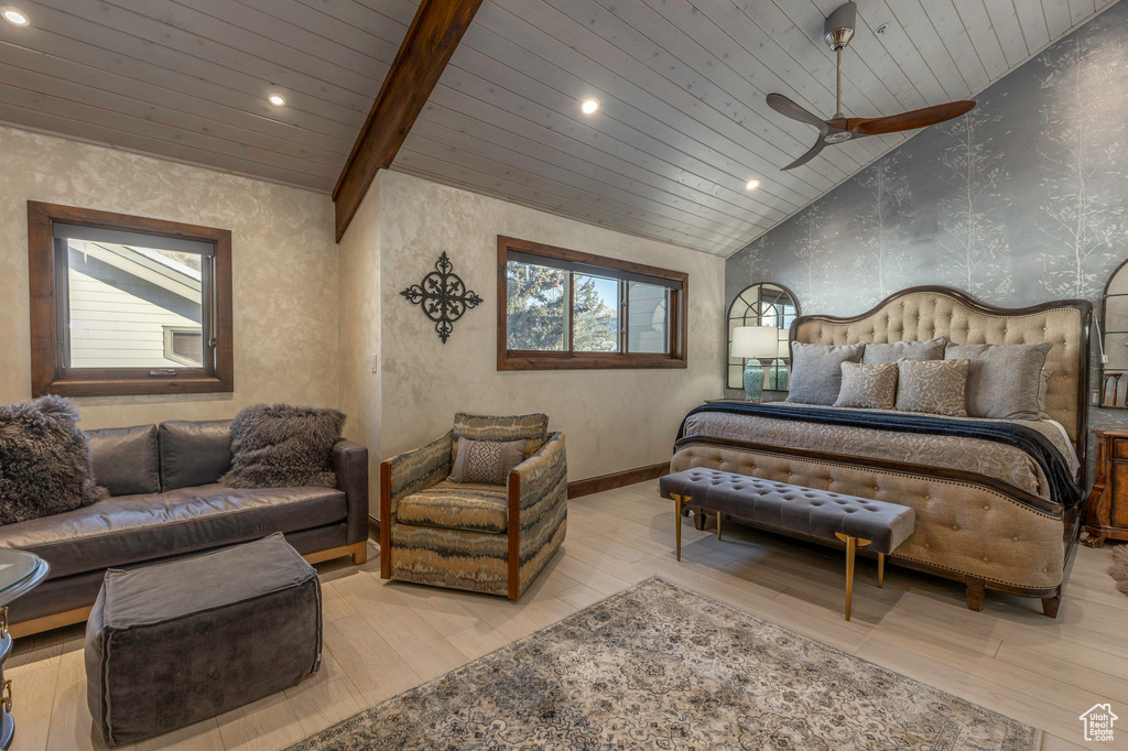 Bedroom featuring lofted ceiling, wooden ceiling, wallpapered walls, wood finished floors, and recessed lighting