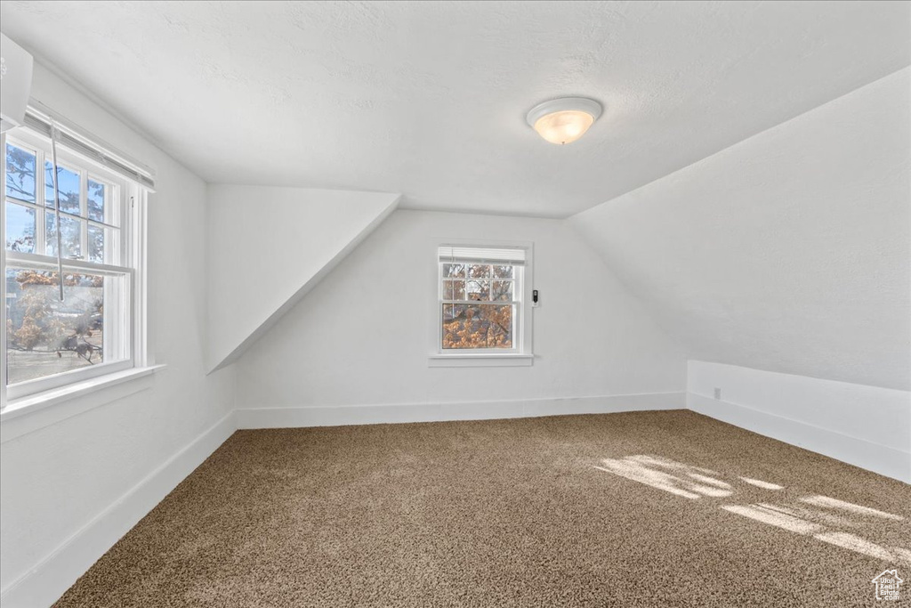 Bonus room featuring lofted ceiling, carpet, and a textured ceiling