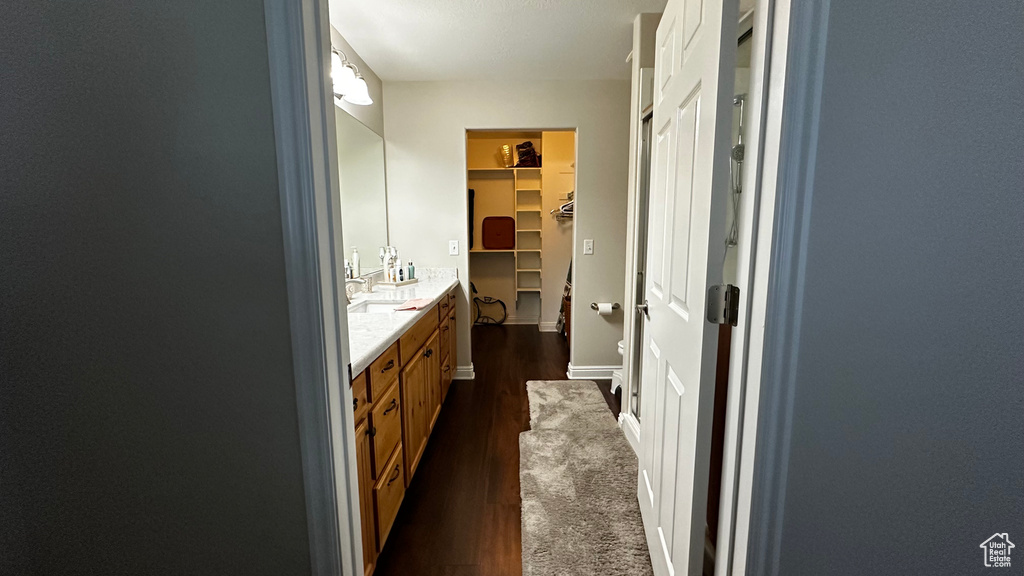 Bathroom featuring vanity and wood-type flooring