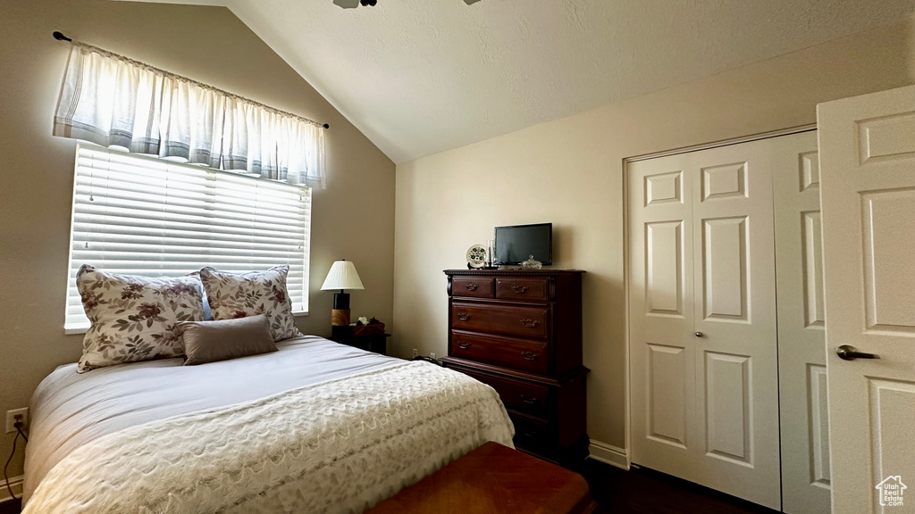 Bedroom with lofted ceiling, a closet, and ceiling fan