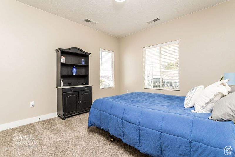 Bedroom with light colored carpet