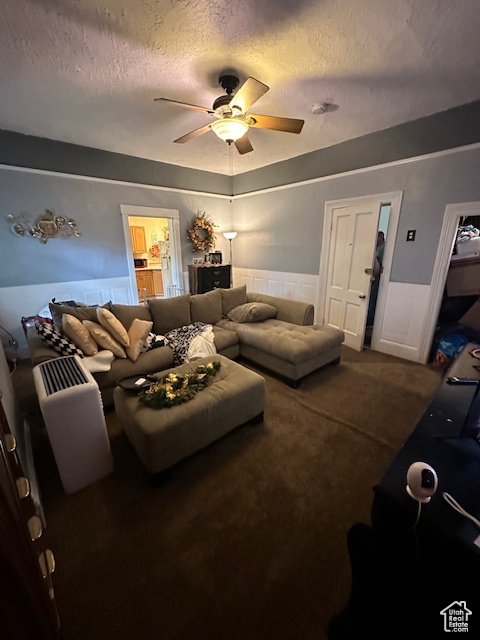 Living room featuring ceiling fan, carpet, and a textured ceiling