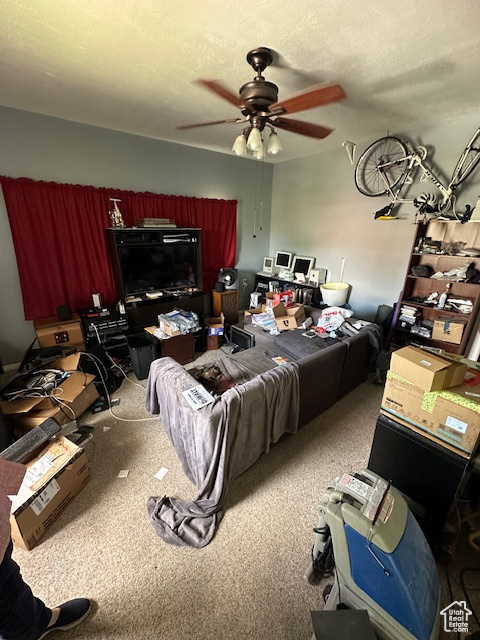 Interior space featuring ceiling fan and a textured ceiling
