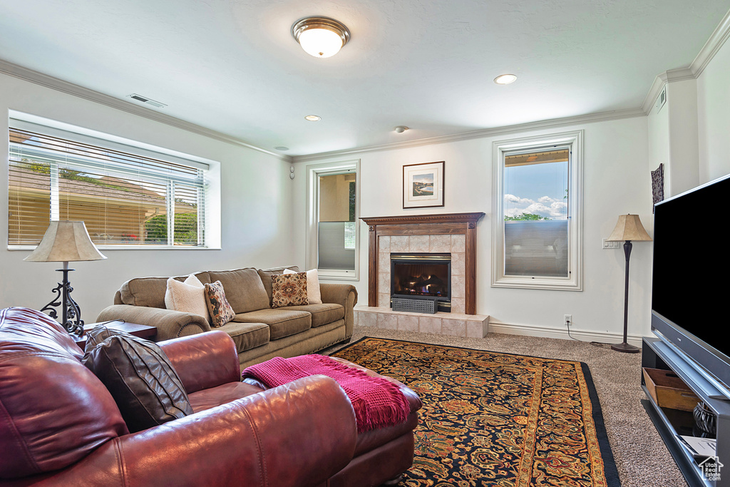 Living room with a tile fireplace, crown molding, and carpet