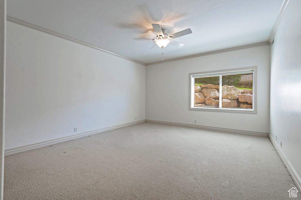 Carpeted empty room featuring ornamental molding and ceiling fan