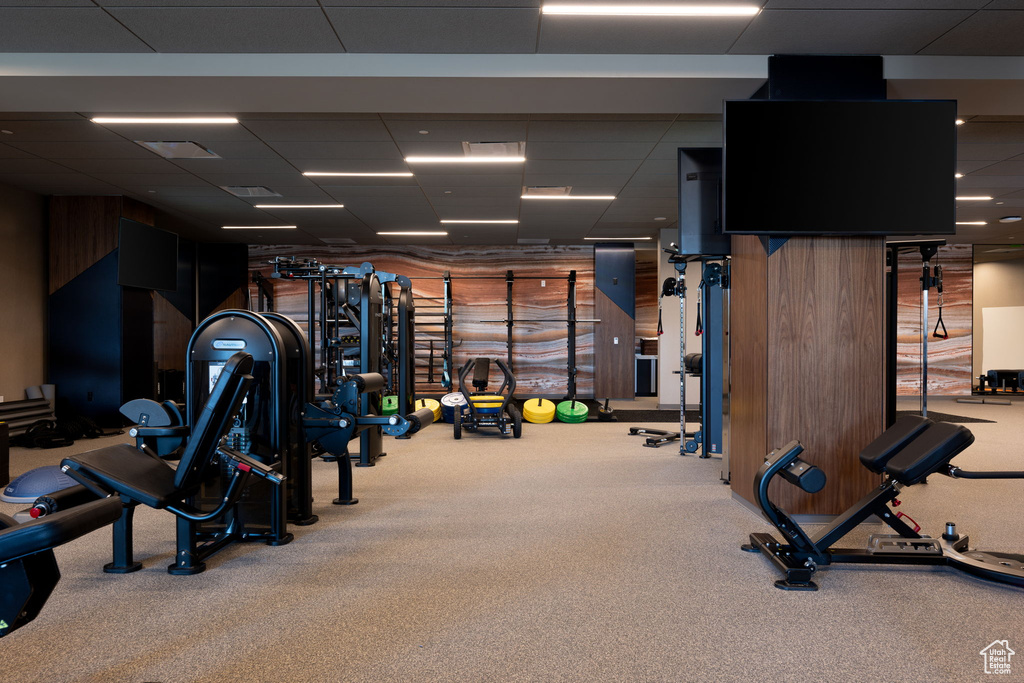 Workout area featuring carpet