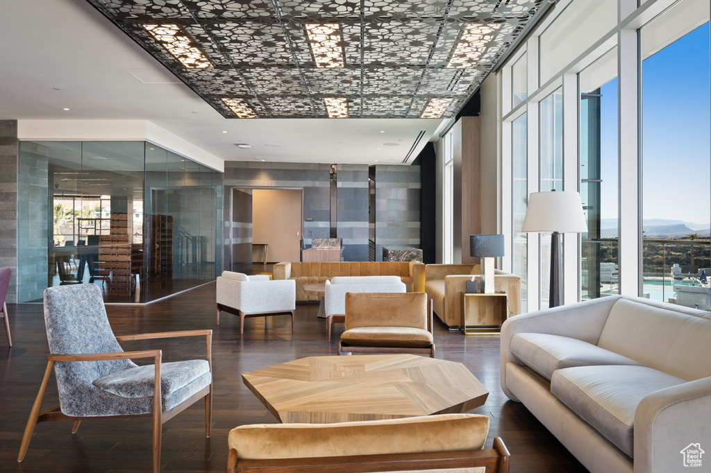 Community lobby with a mountain view