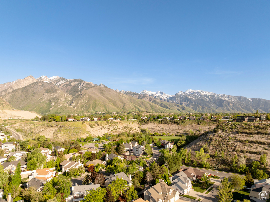 Aerial view of residential area with mountains