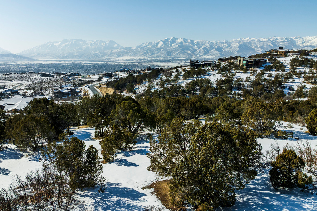 Snowy aerial view featuring a mountain view