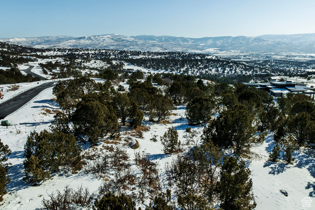 Snowy aerial view featuring a mountain view