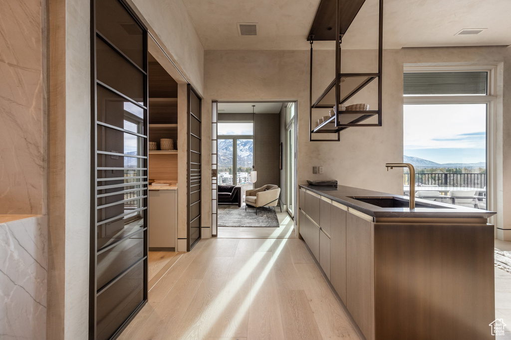 Kitchen with light wood finished floors, a sink, modern cabinets, a mountain view, and dark countertops